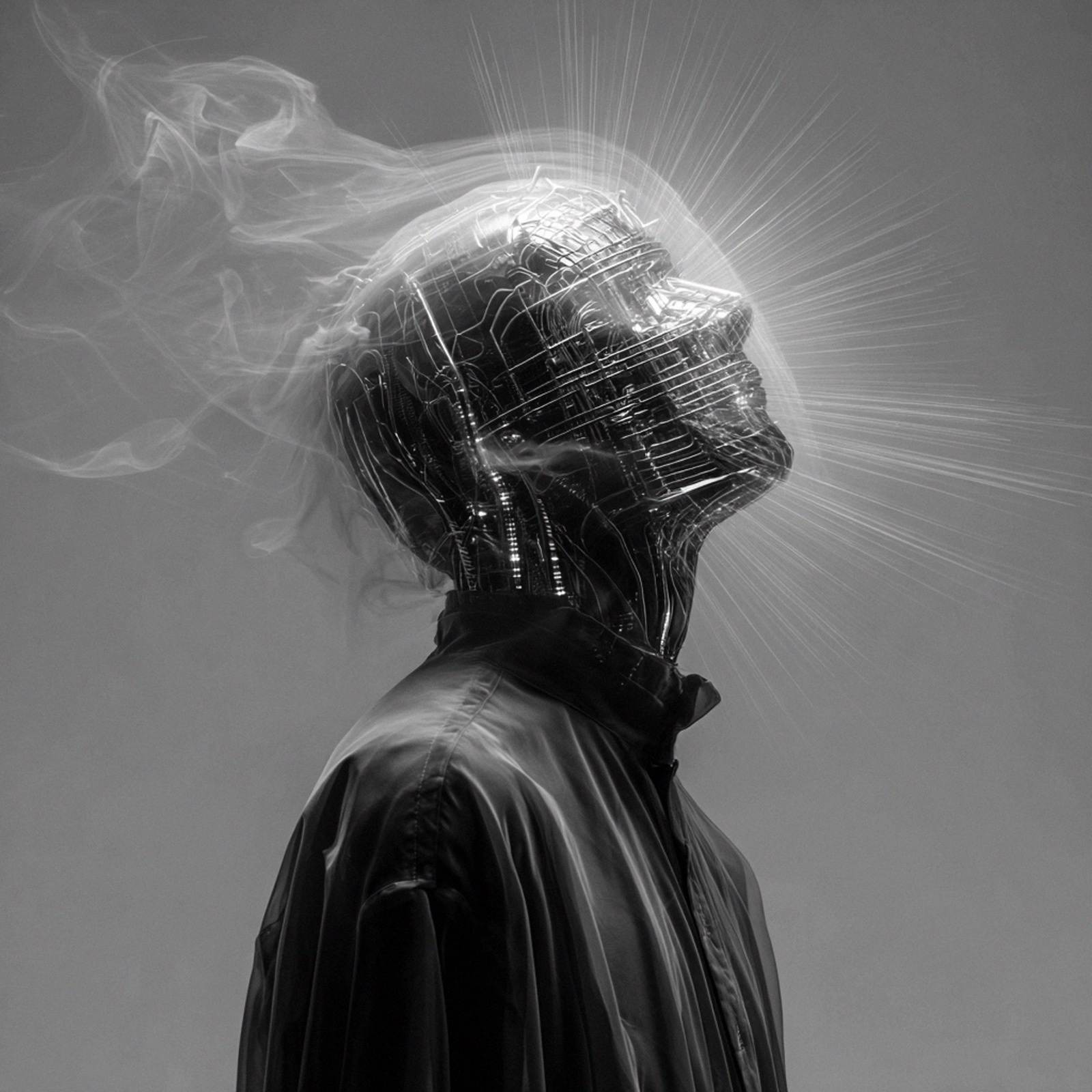 The Nodes — Synthesizer. Signal condensed from noise. Mono fashion-editorial figure, generated in-canon.