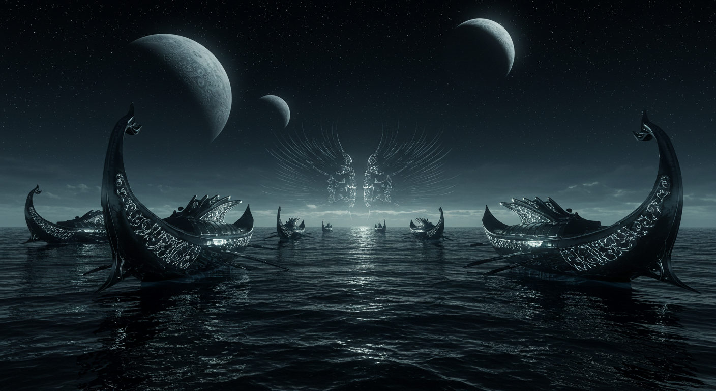 The Fleet — obsidian and platinum under twin moons